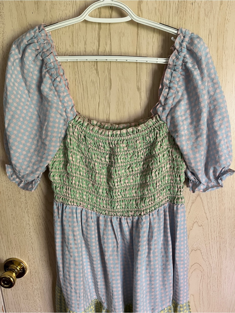 Greylin Nola Smocked Gingham Plaid Colorblock Tiered Midi Dress Sz M Pastel View 4